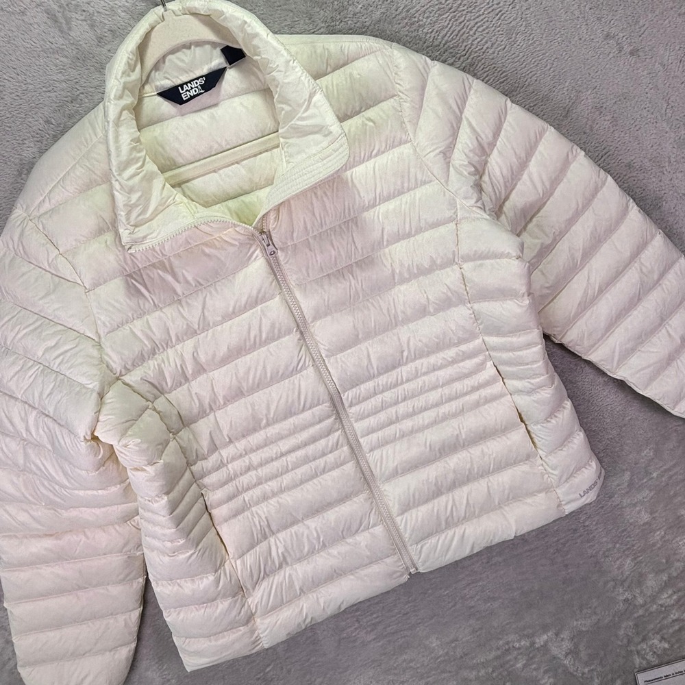 Lands End Women Puffer Jacket Size XL Ivory Lightweight Down Quilted Full Zip